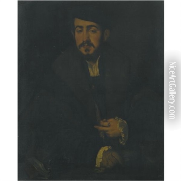 Portrait Of A Gentleman, Half Length, Wearing A Black Cap, A Fur Collar And Lace Cuffs Oil Painting - Lambert Sustris