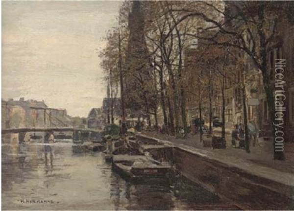 Figures Walking Beside A Canal, Amsterdam Oil Painting - Heinrich Hermanns