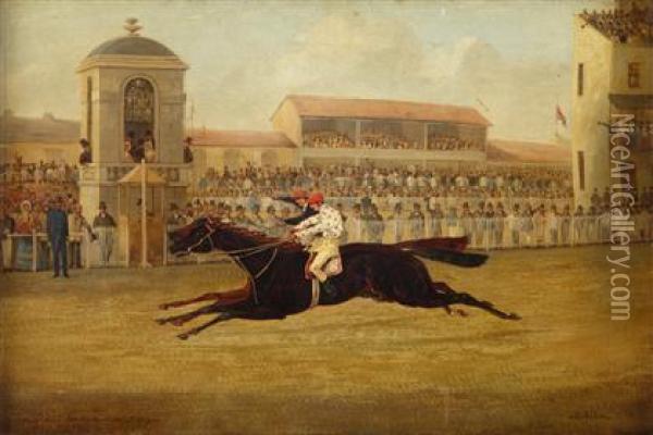 Dead Heat For The Doncaster St. Leger 1850 Between Voltiguer And Russborough Oil Painting - Henry Thomas Alken
