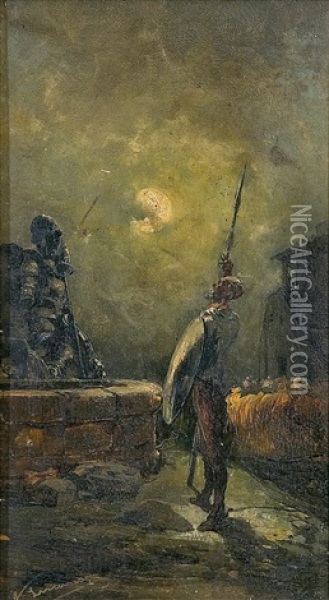 Don Quijote De La Mancha A La Luz De La Luna Oil Painting - Angel (Monedero) Lizcano y Esteban