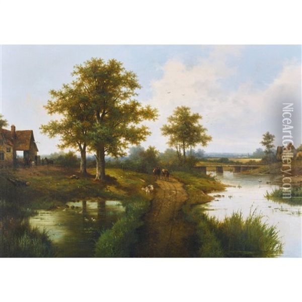 Landliche Wegpartie Am Fluss Mit Kuhen Oil Painting - Hendrik Barend Koekkoek