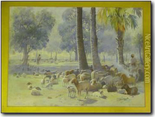 Northafrican Scene With Goat Herders Amongst Trees Oil Painting - Philip Eustace Stretton