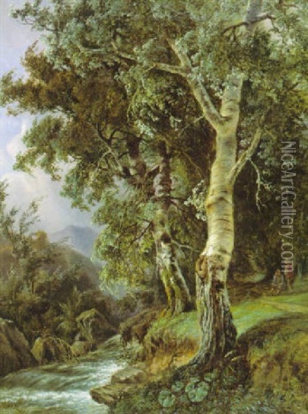 Bosgezicht Met Bergrivier Oil Painting - Edouard Delvaux