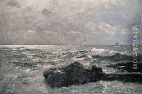 Besonntes Uferstuck Mit Fels, Segelbooten Und Mowen Oil Painting - Erwin Carl Wilhelm Guenther