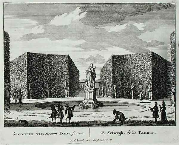 Hexagonal hedge by a faun fountain, from Admirandorum Quadruplex Spectaculum, by Jan van Call 1656-1703, published before 1715 Oil Painting - Pieter Schenk