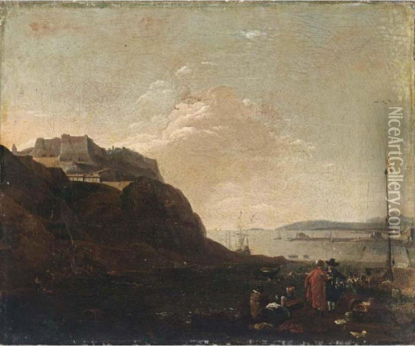 A Southern Harbour Scene With 
Workmen Unloading And Two Figures Conversing, A Fortified Castle Beyond Oil Painting - Thomas Wyck