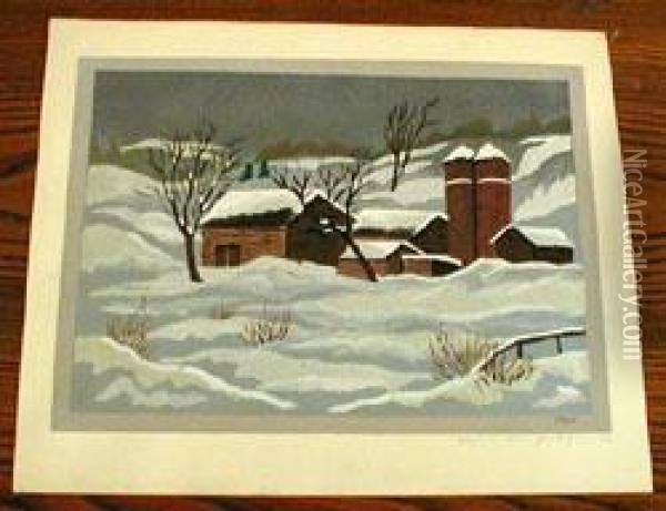 Farm Houses In The Snow Oil Painting - Emil Ganso
