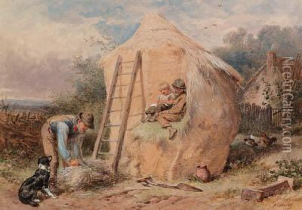 Children, Sitting On A Hayrick, Watching A Farmer Oil Painting - James Jnr Hardy