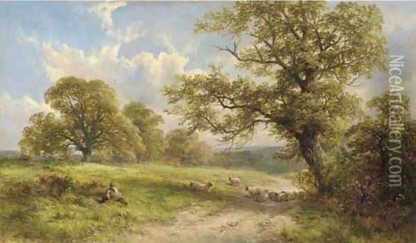 Landscape with a shepherd and his flock, resting Oil Painting - George Turner