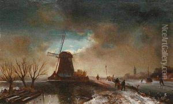 A Winter Landscape With A Windmill Oil Painting - Charles Henri Leickert