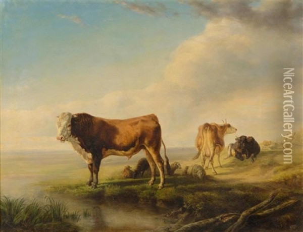 Weidende Kuhe Oil Painting - Charles (Jean-Ch. Ferdinand) Humbert