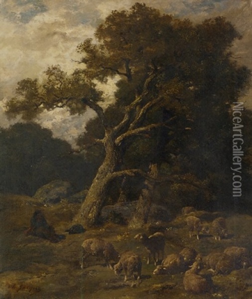 Le Berger Et Ses Moutons Dans La Foret De Fontainebleau Oil Painting - Charles Emile Jacque
