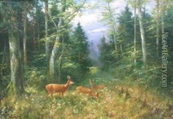 Rehe Auf Einer Waldlichtung Oil Painting - Otto Scheuerer