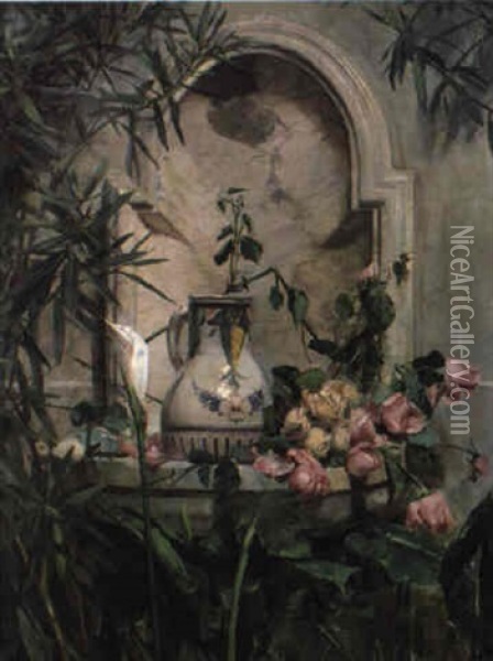 Rosen Am Brunnen Oil Painting - Marie De Bievre