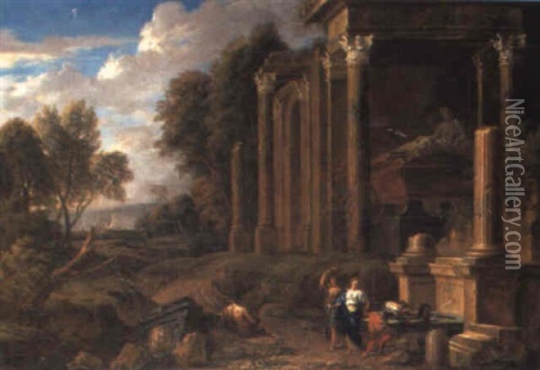 Classical Ruins In A Wooded Landscape With Washerwomen At A Fountain Oil Painting - Johannes (Jan) Glauber