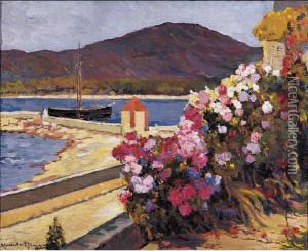 Port Du Midi Avec Fleurs Et Bateaux Oil Painting - Alexander Altmann