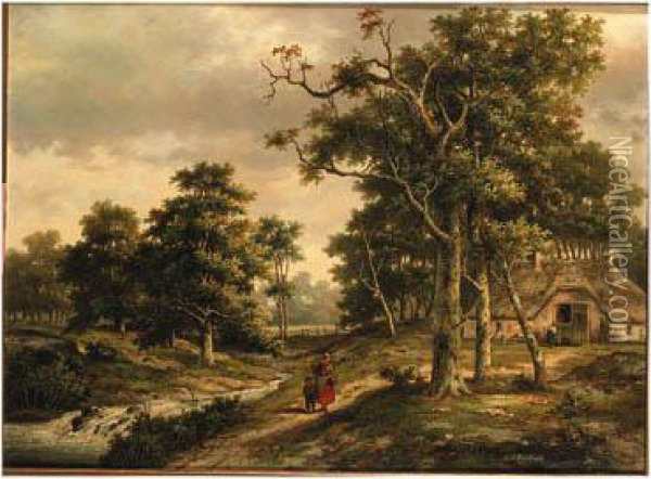 A Peasant Woman And A Boy Walking Along A Stream In A Woodedlandscape Oil Painting - Hendrik Pieter Koekkoek