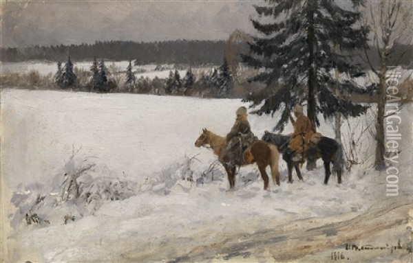 Winter Scene With Two Cossack Horsemen Oil Painting - Ivan Alekseevich Vladimirov