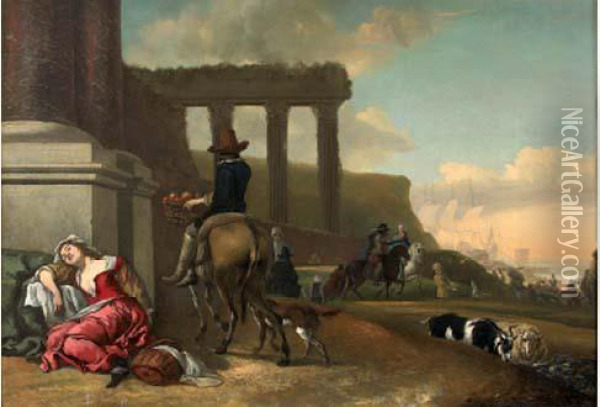 Cavaliers Et Jeune Femme Assoupie Pres Du Rivage Oil Painting - Jan Weenix