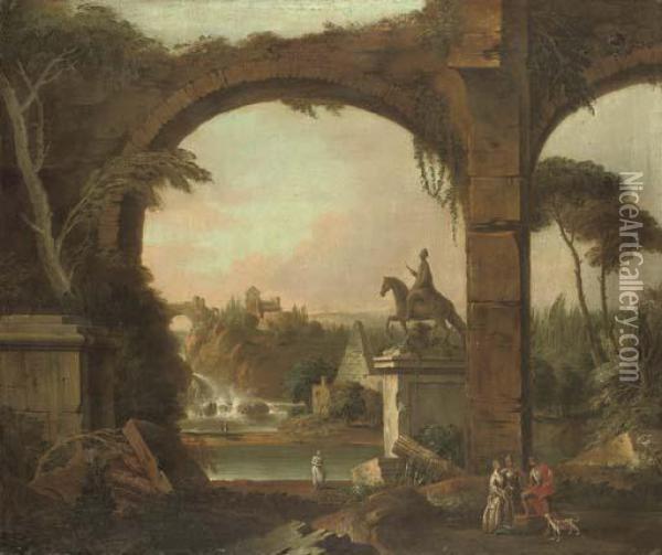 An Architectural Capriccio With Roman Ruins And Figures Conversingin The Foreground Oil Painting - William Delacour