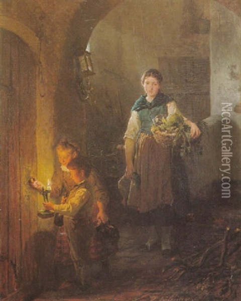 Kuchenmagd Mit Kindern Im Vorratskeller Oil Painting - Felix Schlesinger