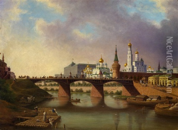 View Of Kremlin (moskvoretsky Bridge From The Moscow River Embankment) Oil Painting - Joseph Andreas Weiss