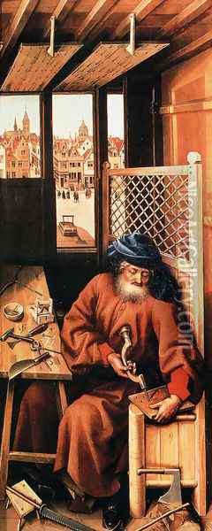 St. Joseph Portrayed As A Medieval Carpenter (Center Panel Of The Merode Altarpiece) Oil Painting - Robert Campin