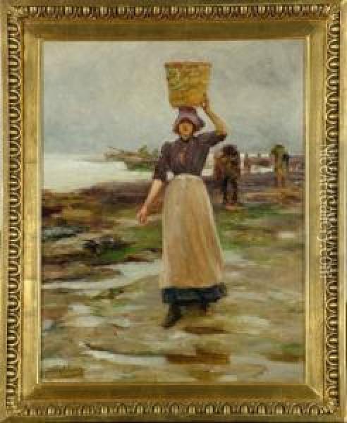 A Staithes Fishergirl Bringing Up A Basket Of Fish From Boats On The Shore Oil Painting - Robert Jobling