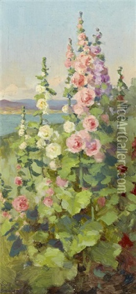 Hollyhocks Oil Painting - Edith White