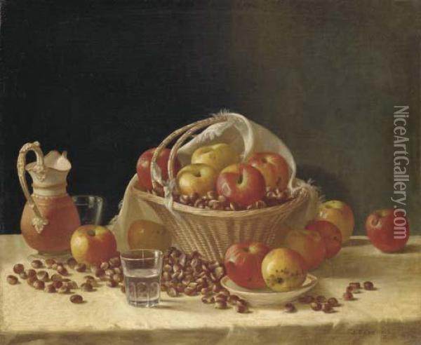 Still Life With Apples, A Basket And Chestnuts Oil Painting - John Francis