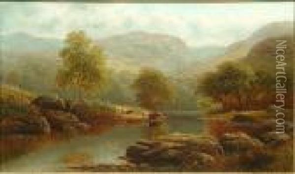 A River Landscape With Cattle Watering, Possibly On The Wharfe; A Lakeland Landscape Oil Painting - William Mellor