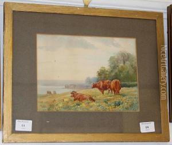 Cattle In A Cliff Top Meadow Oil Painting - Henry Brittan Willis