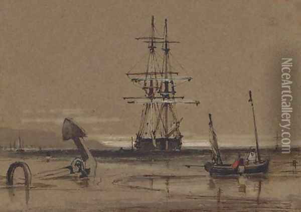 A trading brig at anchor off the coast Oil Painting - Samuel Prout