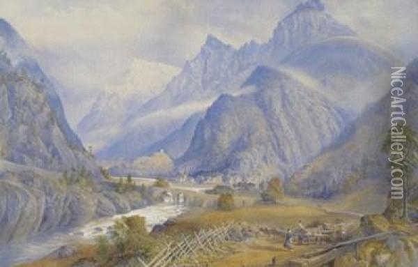 Large Alpine Landscape Oil Painting - R Bournis