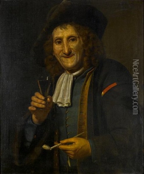 An Elderly Man In A Grey Coat With A Green Waistcoat And Black Felt Hat, Holding A Glass Of Wine And A Pipe Oil Painting - Mathijs Wulfraet