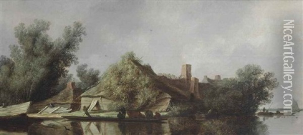 A River Landscape With Peasants Ferrying Their Livestock Before A Farmhouse Oil Painting - Salomon van Ruysdael