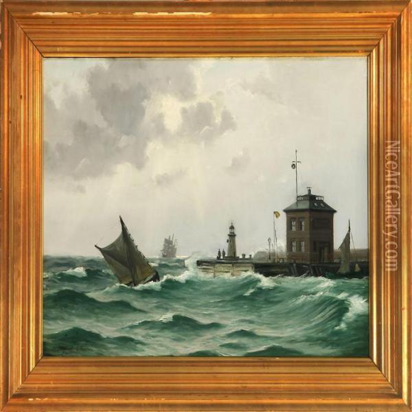 Marine With Sailing Ships In Heavy Sea Near A Mole Oil Painting - Alfred Theodor Olsen