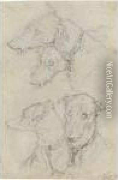 Three Sheets Of Studies Of 
Deerhounds, One With A Portrait Of Johncrerar Looking Through A Spy 
Glass Oil Painting - Landseer, Sir Edwin
