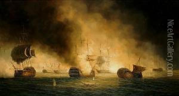 A Battle At Sea Oil Painting - James Hardy