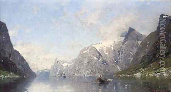 Rowing on a Norwegian Fjord Oil Painting - Georg Anton Rasmussen