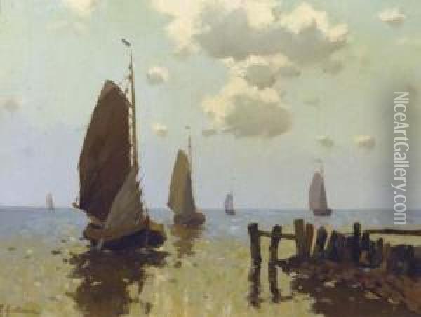 Haven Hindeloopen: Sailing Vessels Near The Harbour Entrance Of Hindeloopen Oil Painting - Egnatius Ydema