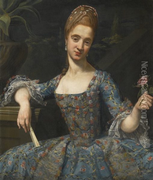 Portrait Of A Lady In An Elaborately Embroidered Blue Dress Oil Painting - Giuseppe Baldrighi