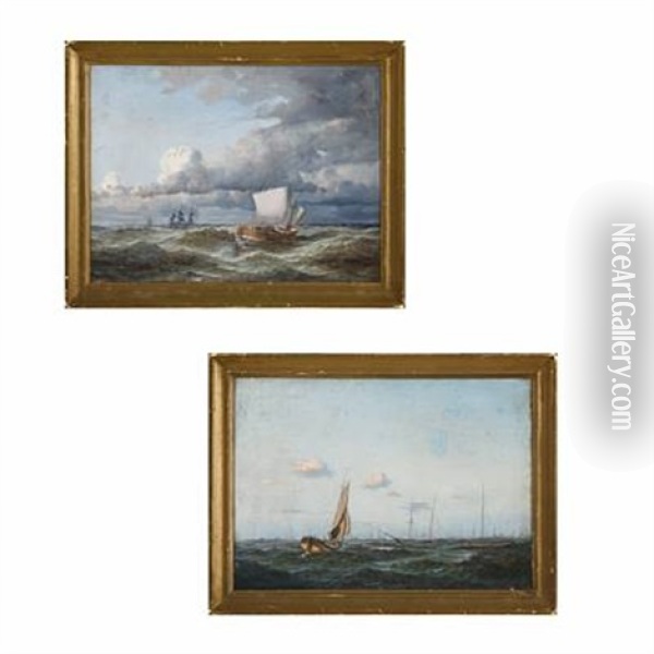 Seascapes With Sailing Ships (2 Works) Oil Painting - Carl Julius Emil Olsen