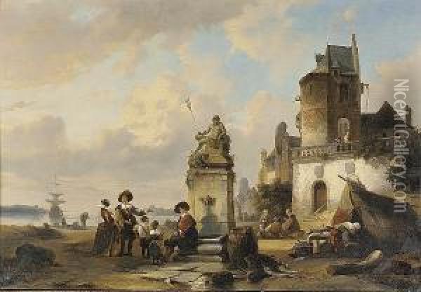 Elegant Figures Seated By A Fountain, A Harbour Beyond Oil Painting - Hendrik Adolf Schaep