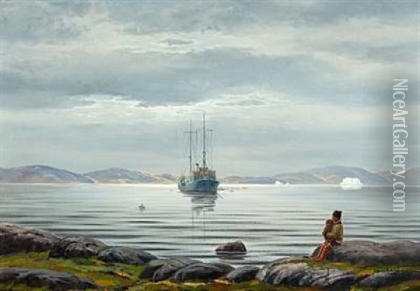 Scenery From A Greenlandic Fiord With Ship And Fishermen Kayaks Oil Painting - Emanuel A. Petersen
