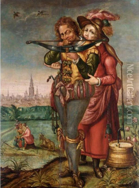 A Crossbowman And A Maid In A Landscape Before A Town Oil Painting - Hendrick Goltzius