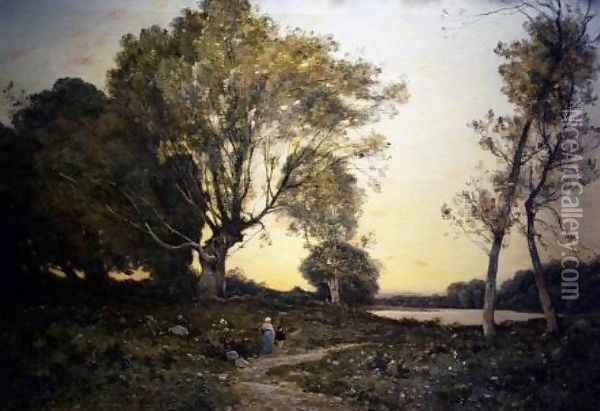 Two Figures Along the Forest Path Oil Painting - Henri-Joseph Harpignies