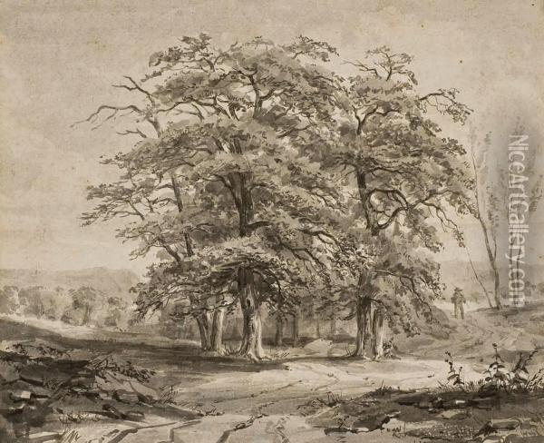 Paysan Contournant Un Bosque D'arbres 
Pinceau, Lavis Gris Oil Painting - Stephane Baron