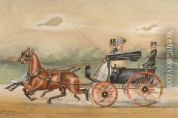 British Figures In A Horse Drawn Carriage Oil Painting - Henry William Standing