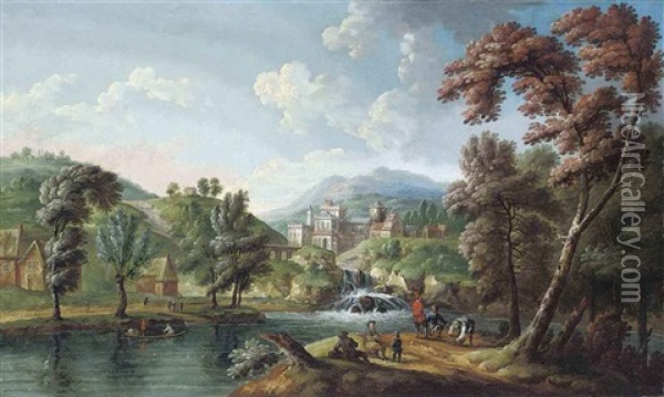 An Extensive River Landscape With Figures Resting On Bank, A Castle Beyond Oil Painting - Jan Hackaert